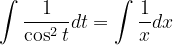 \dpi{120} \int \frac{1}{\cos ^{2}t}dt=\int \frac{1}{x}dx